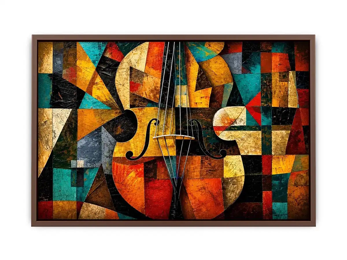 Abstract cubist violin wall art with geometric shapes and colorful modern textures.