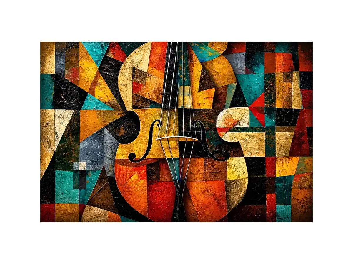 Abstract cubist violin wall art with geometric shapes and colorful modern textures.