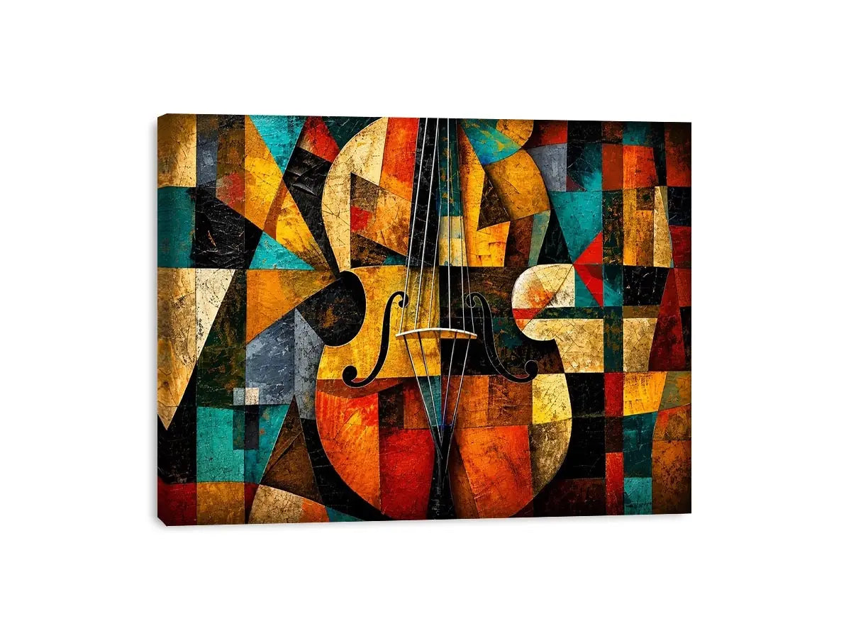 Abstract cubist violin wall art with geometric shapes and colorful modern textures.