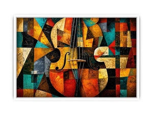 Abstract cubist violin wall art with geometric shapes and colorful modern textures.