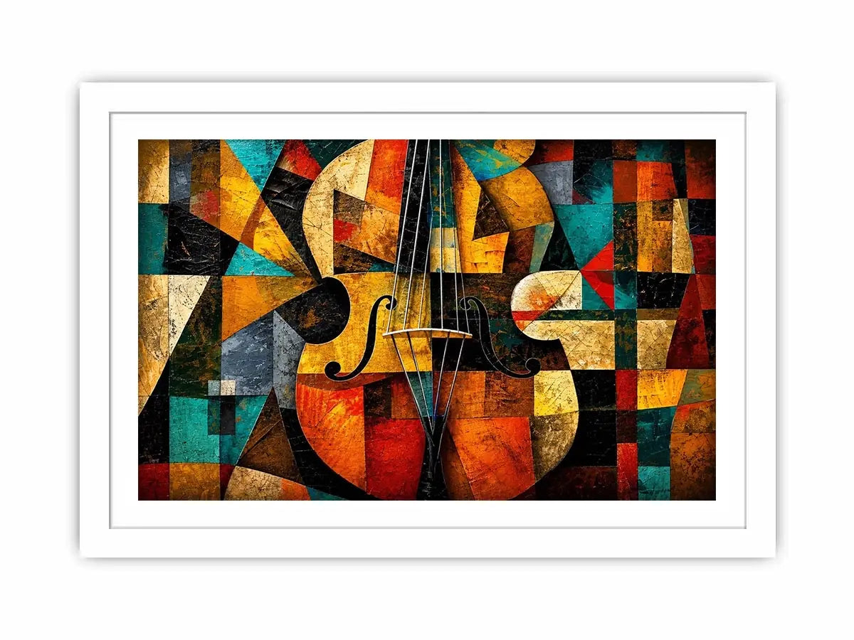Abstract cubist violin wall art with geometric shapes and colorful modern textures.