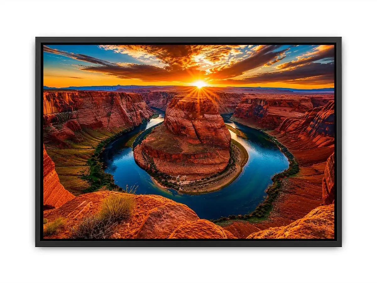 Desert canyon river wall art with dramatic sunset, red rock cliffs and winding blue water.