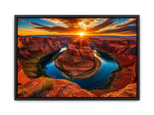 Desert canyon river wall art with dramatic sunset, red rock cliffs and winding blue water.