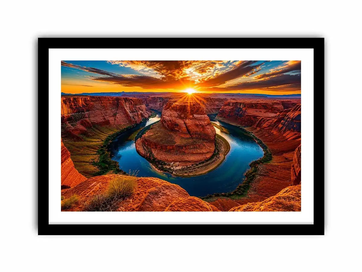 Desert canyon river wall art with dramatic sunset, red rock cliffs and winding blue water.