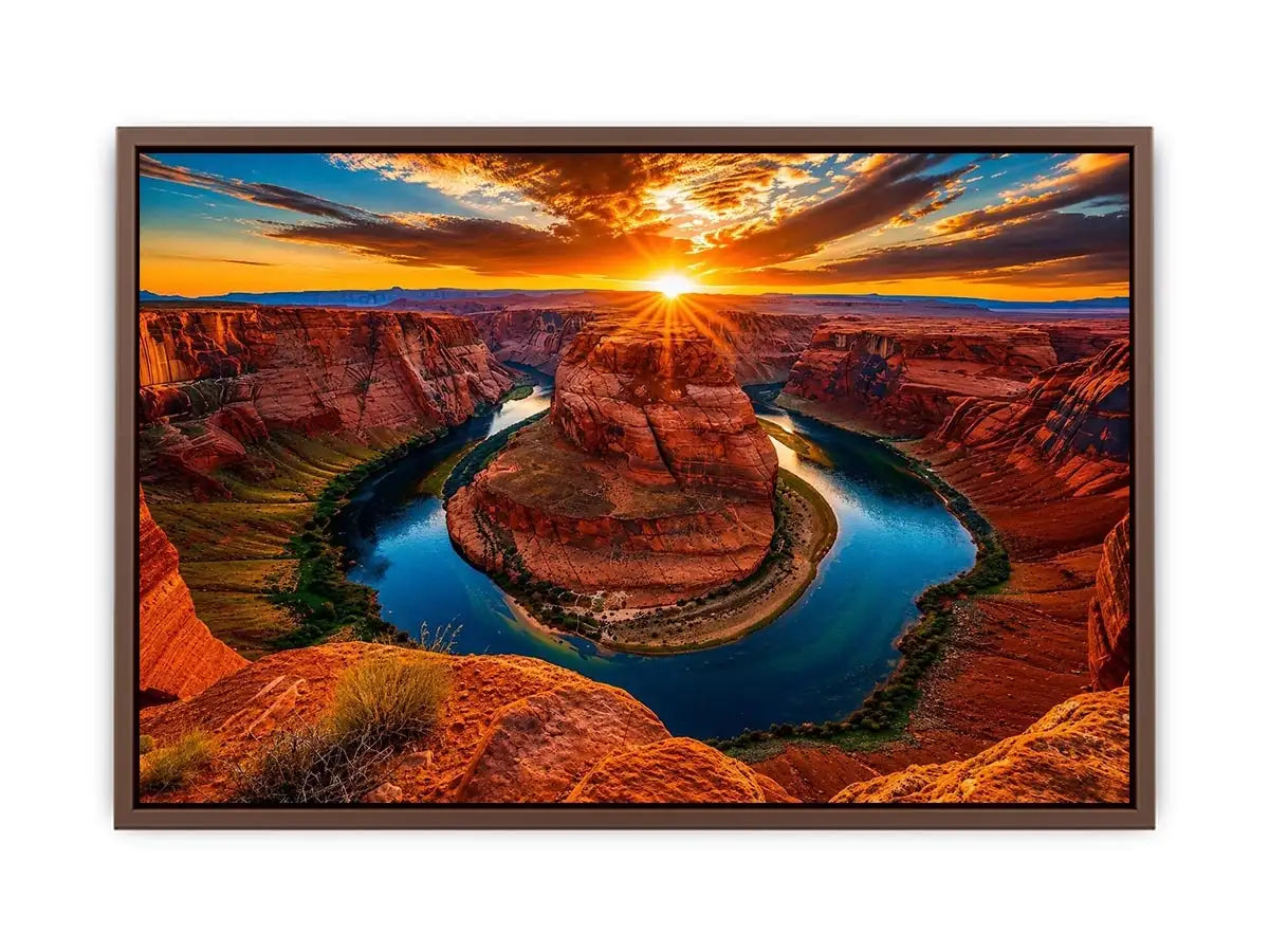 Desert canyon river wall art with dramatic sunset, red rock cliffs and winding blue water.