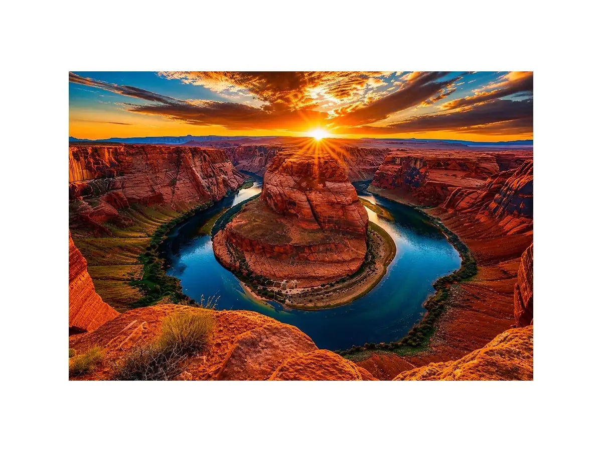 Desert canyon river wall art with dramatic sunset, red rock cliffs and winding blue water.