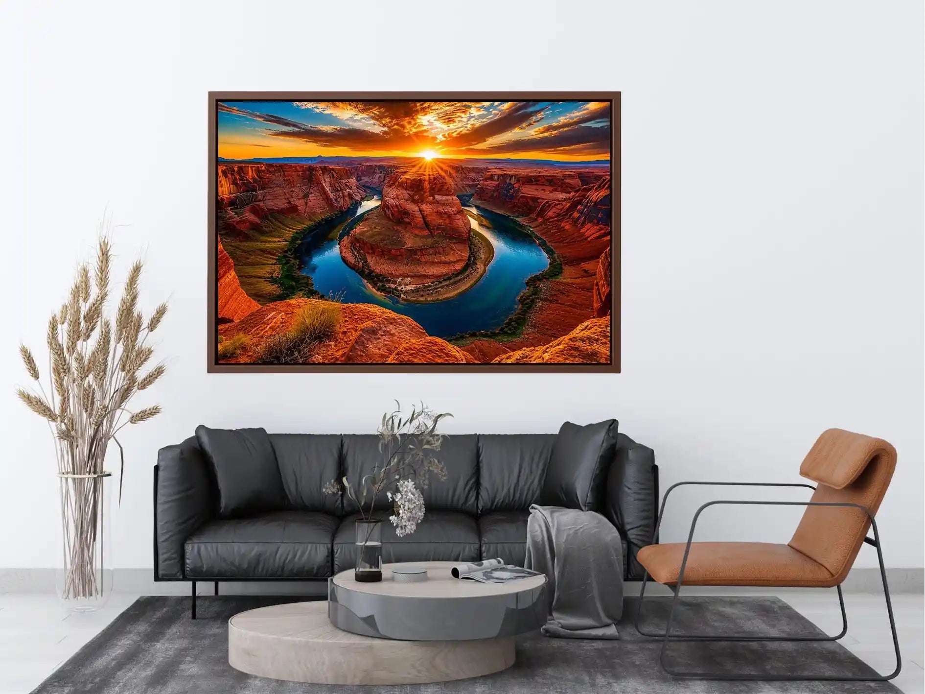 Desert canyon river wall art with dramatic sunset, red rock cliffs and winding blue water.