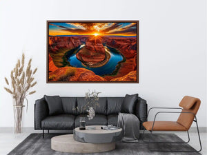Desert canyon river wall art with dramatic sunset, red rock cliffs and winding blue water.