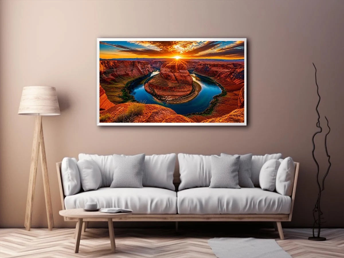 Desert canyon river wall art with dramatic sunset, red rock cliffs and winding blue water.