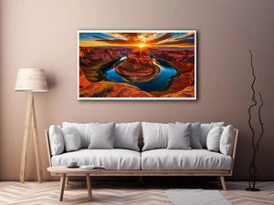 Desert canyon river wall art with dramatic sunset, red rock cliffs and winding blue water.