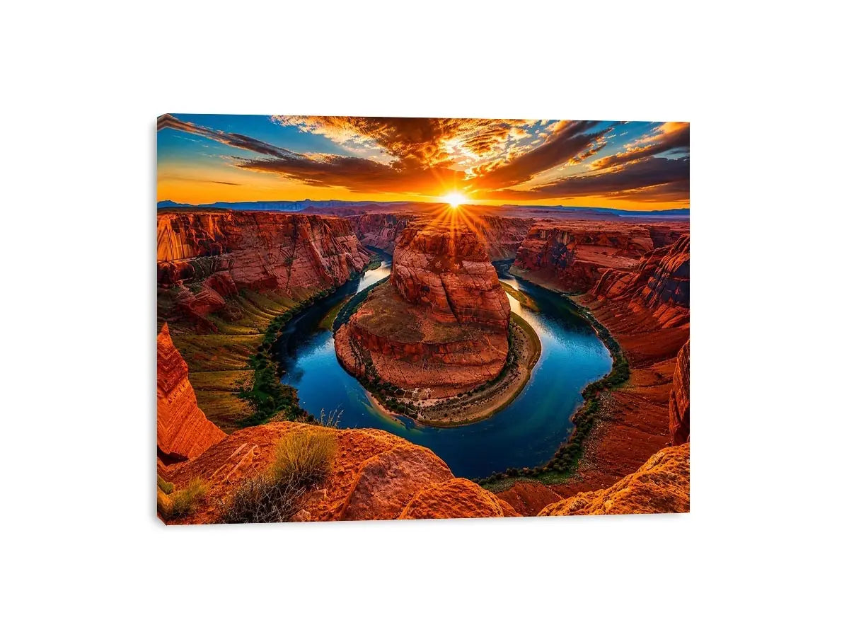Desert canyon river wall art with dramatic sunset, red rock cliffs and winding blue water.