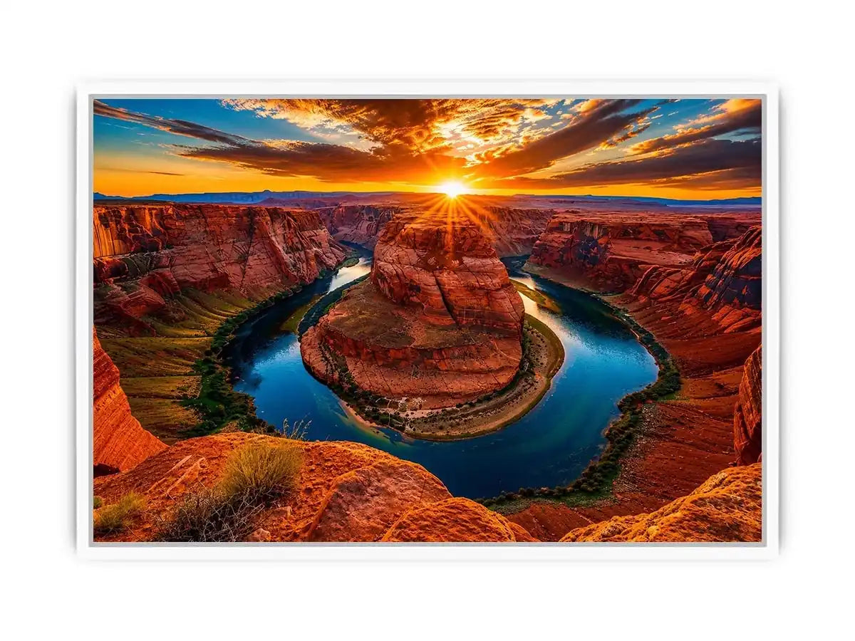 Desert canyon river wall art with dramatic sunset, red rock cliffs and winding blue water.