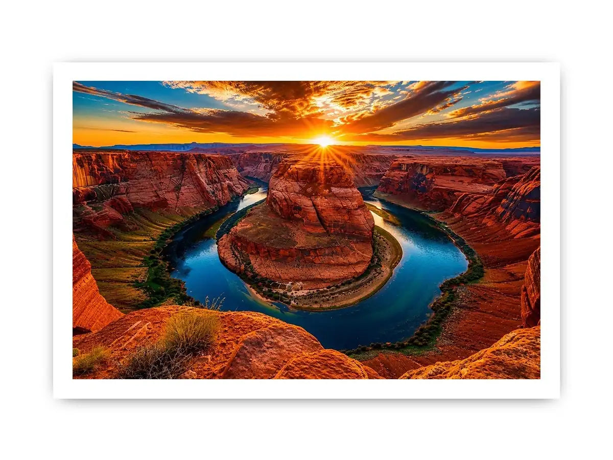Desert canyon river wall art with dramatic sunset, red rock cliffs and winding blue water.