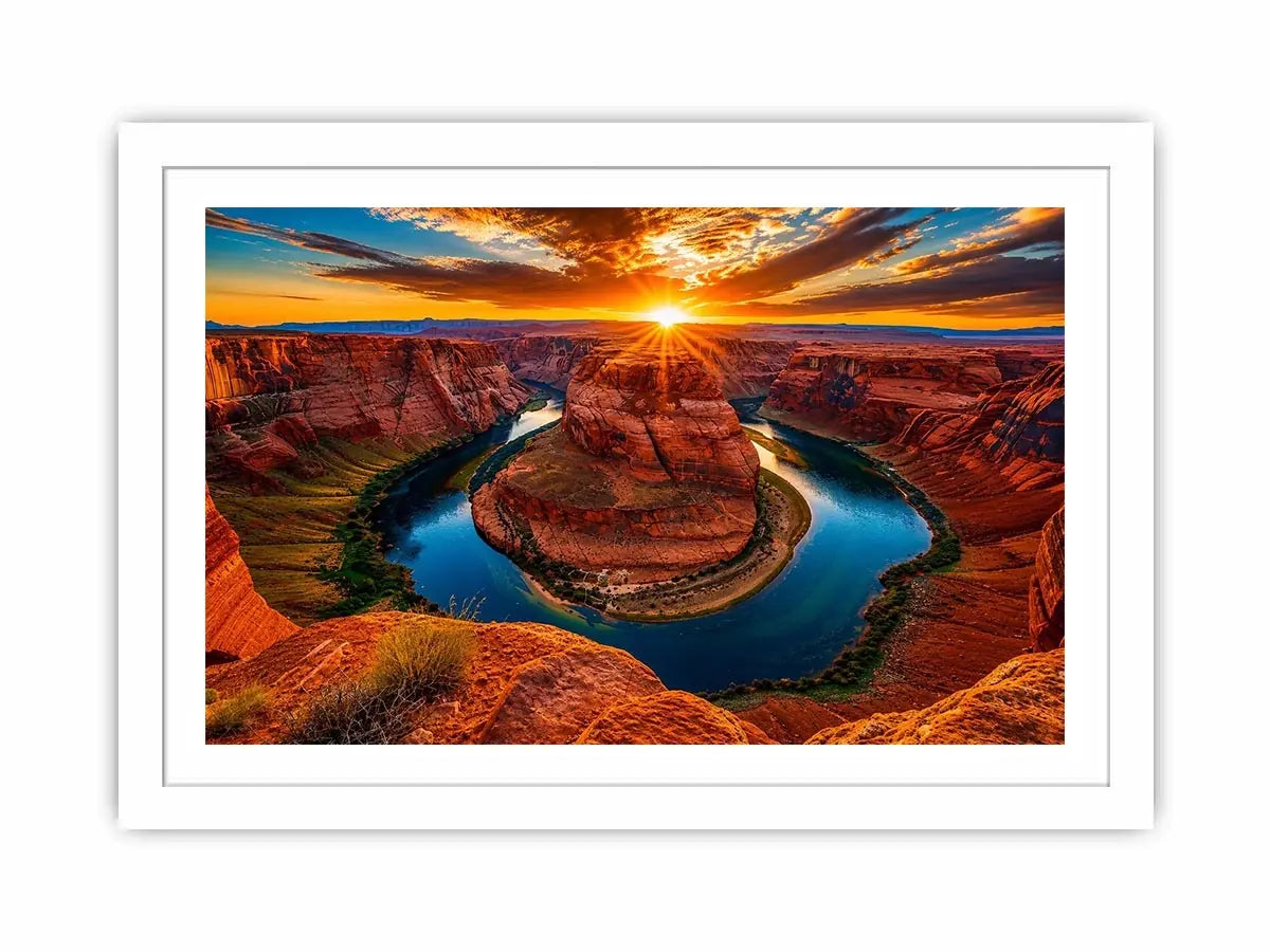 Desert canyon river wall art with dramatic sunset, red rock cliffs and winding blue water.