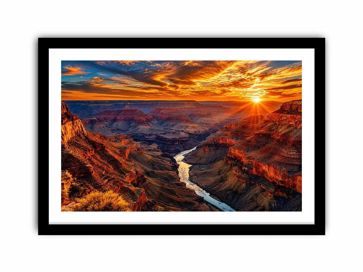 Grand canyon sunset wall art with glowing cliffs and winding river landscape.