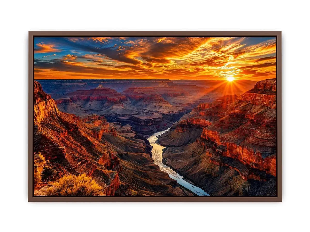 Grand canyon sunset wall art with glowing cliffs and winding river landscape.
