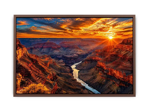Grand canyon sunset wall art with glowing cliffs and winding river landscape.