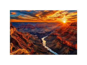 Grand canyon sunset wall art with glowing cliffs and winding river landscape.