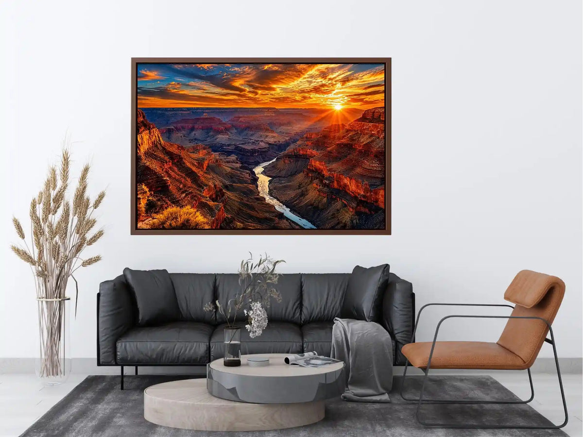 Grand canyon sunset wall art with glowing cliffs and winding river landscape.
