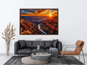 Grand canyon sunset wall art with glowing cliffs and winding river landscape.
