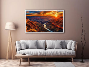 Grand canyon sunset wall art with glowing cliffs and winding river landscape.