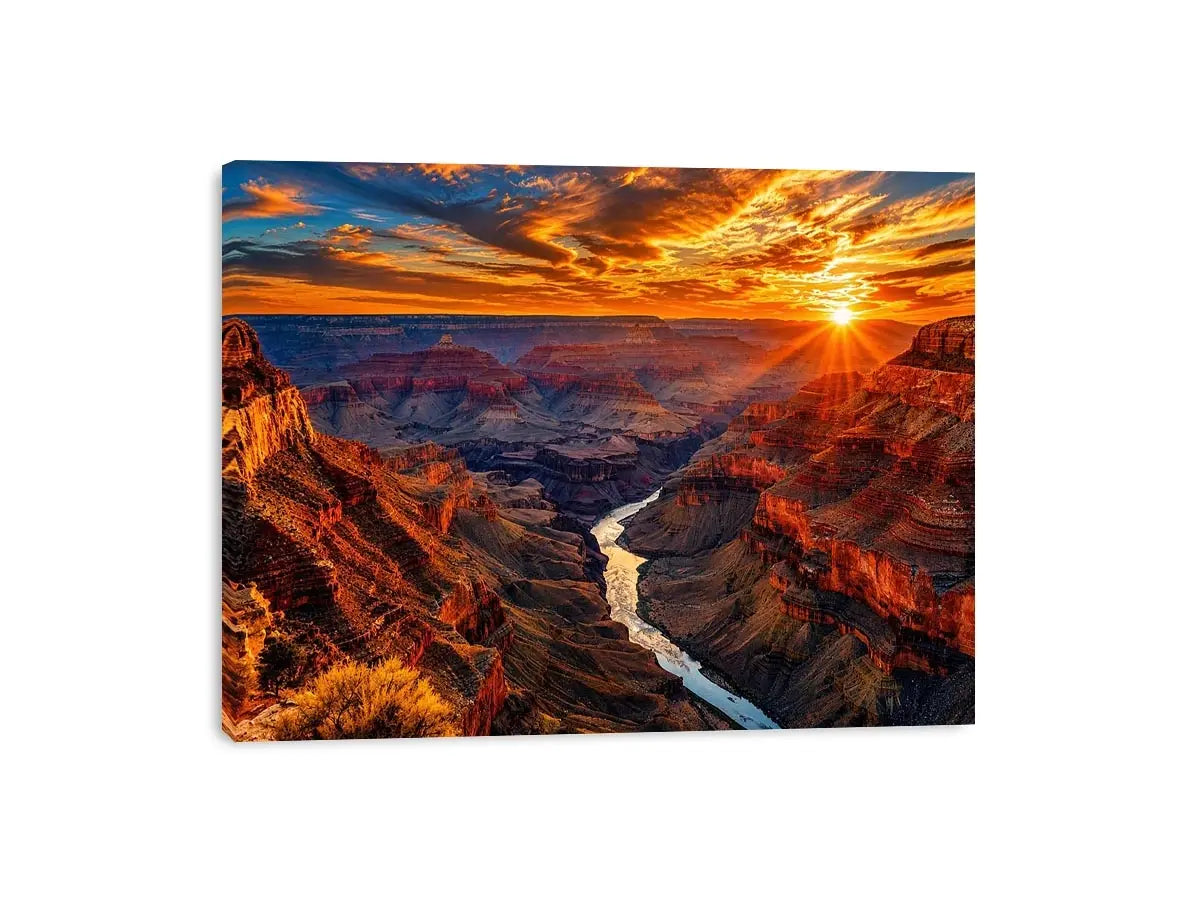Grand canyon sunset wall art with glowing cliffs and winding river landscape.