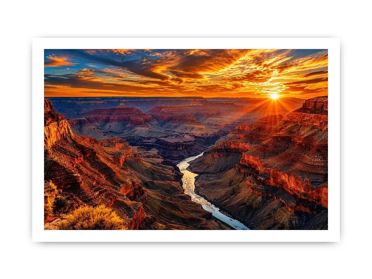 Grand canyon sunset wall art with glowing cliffs and winding river landscape.