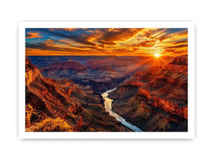 Grand canyon sunset wall art with glowing cliffs and winding river landscape.