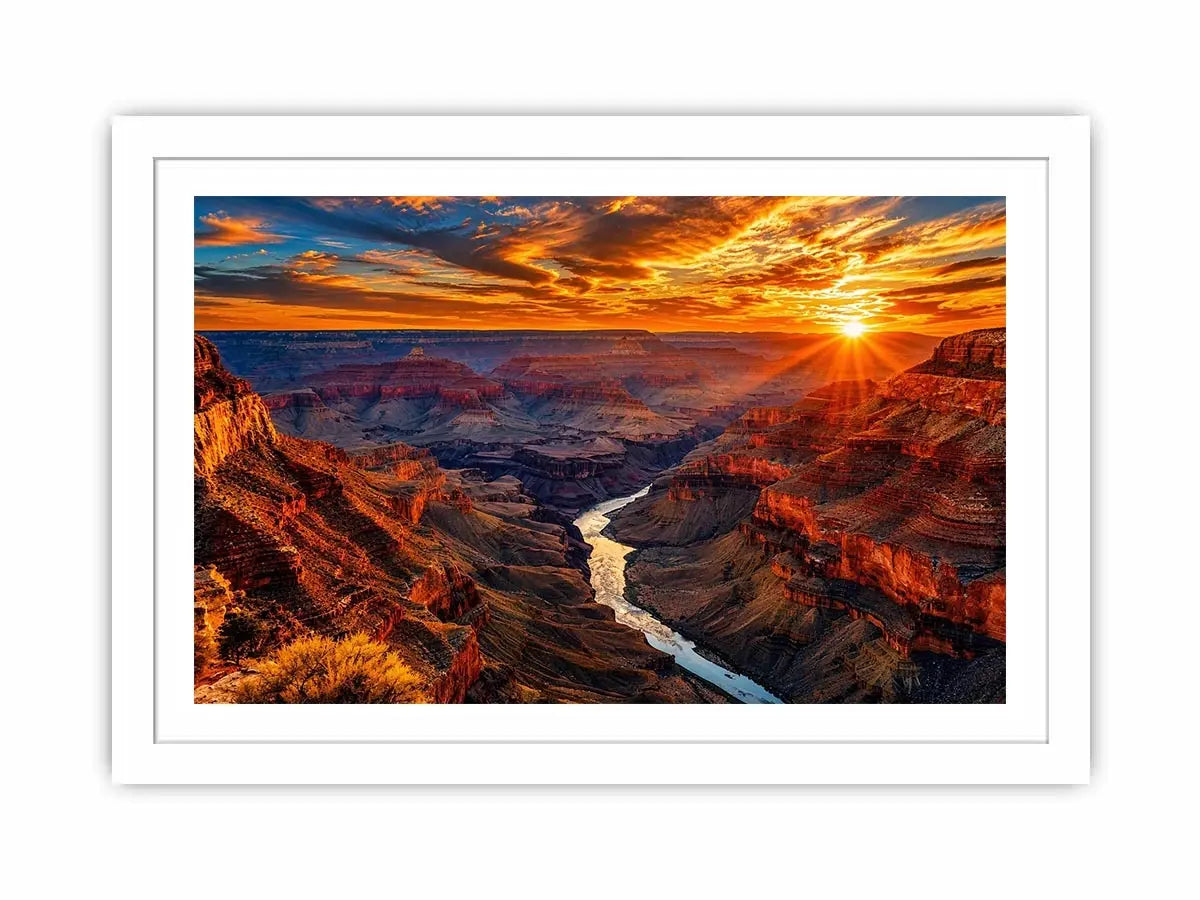 Grand canyon sunset wall art with glowing cliffs and winding river landscape.