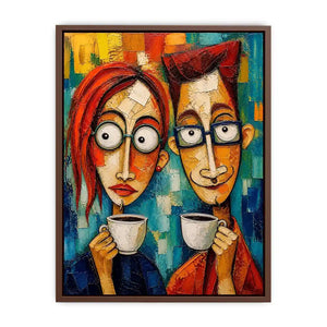 Colorful abstract painting of a couple with glasses holding coffee cups in a modern expressive style