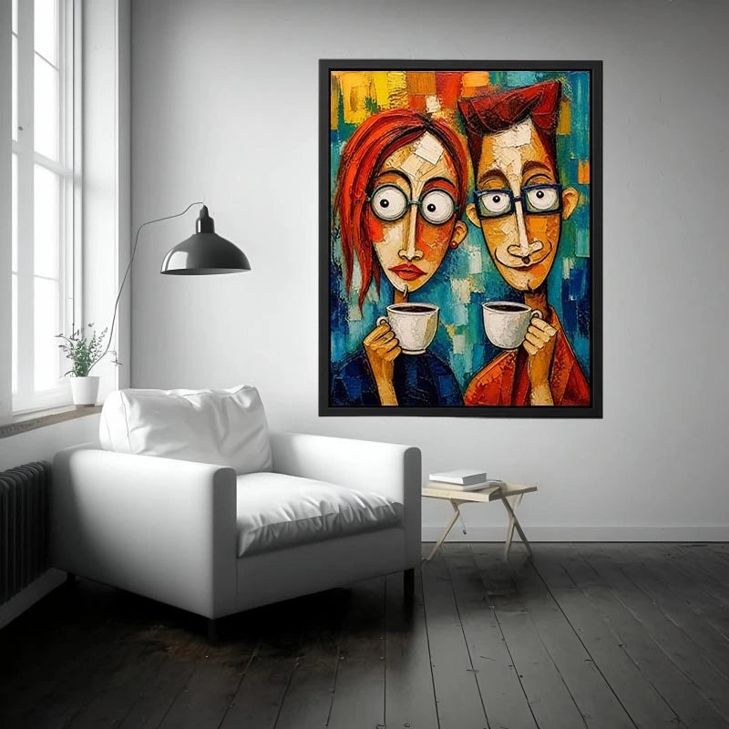 Colorful abstract painting of a couple with glasses holding coffee cups in a modern expressive style