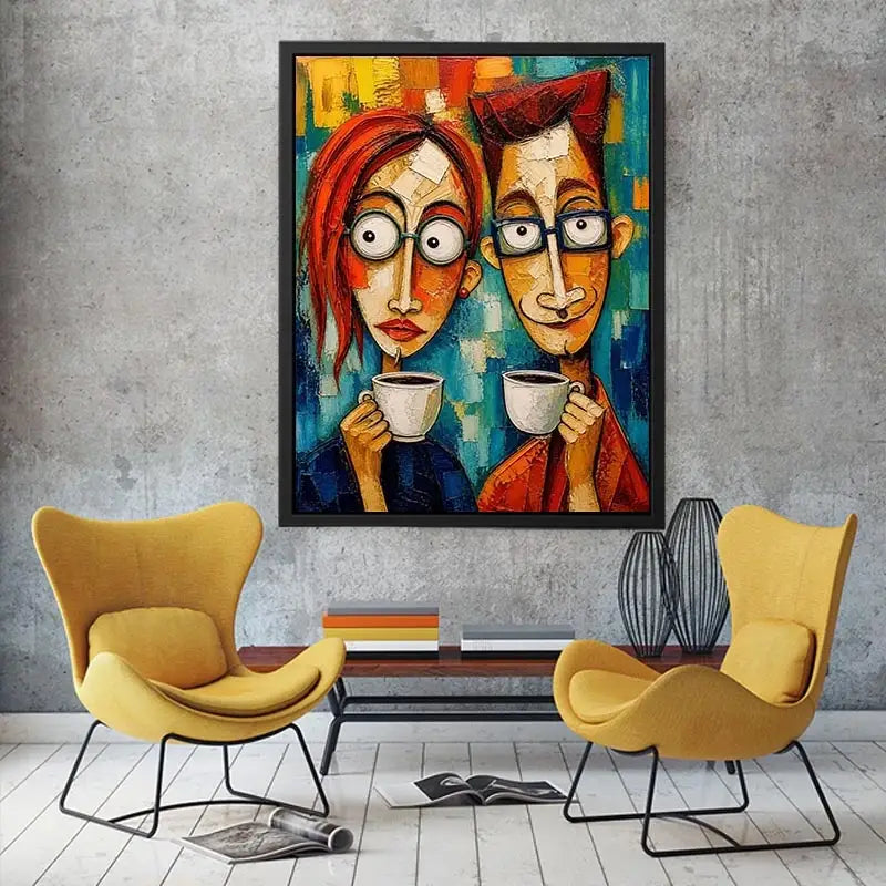 Colorful abstract painting of a couple with glasses holding coffee cups in a modern expressive style