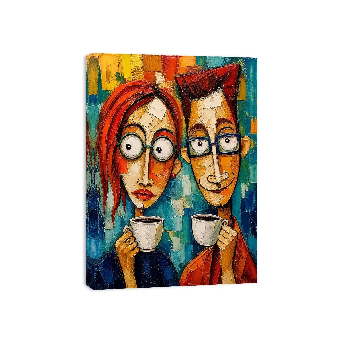 Colorful abstract painting of a couple with glasses holding coffee cups in a modern expressive style