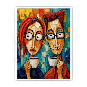 Colorful abstract painting of a couple with glasses holding coffee cups in a modern expressive style