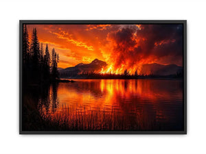 Wildfire landscape wall art with blazing forest fire reflecting across a calm lake at night.