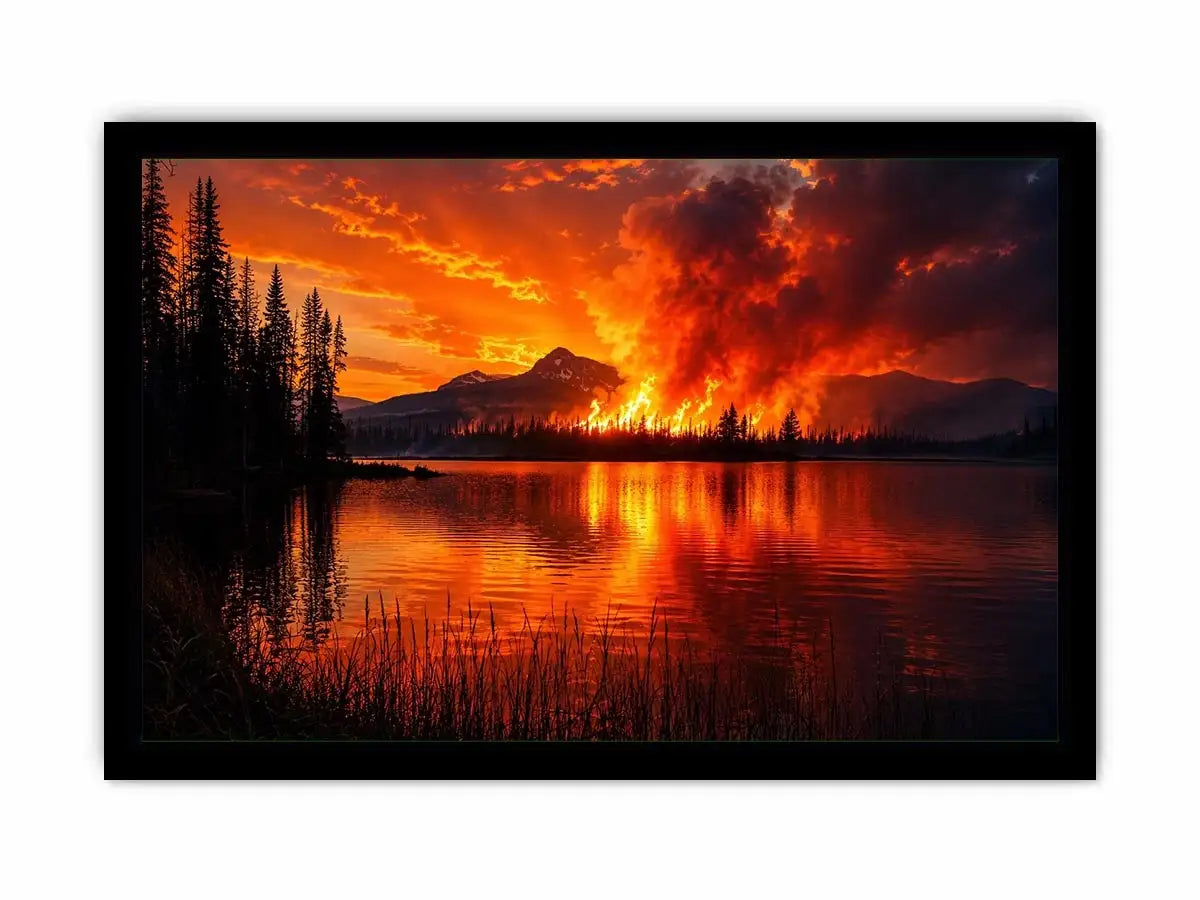 Wildfire landscape wall art with blazing forest fire reflecting across a calm lake at night.