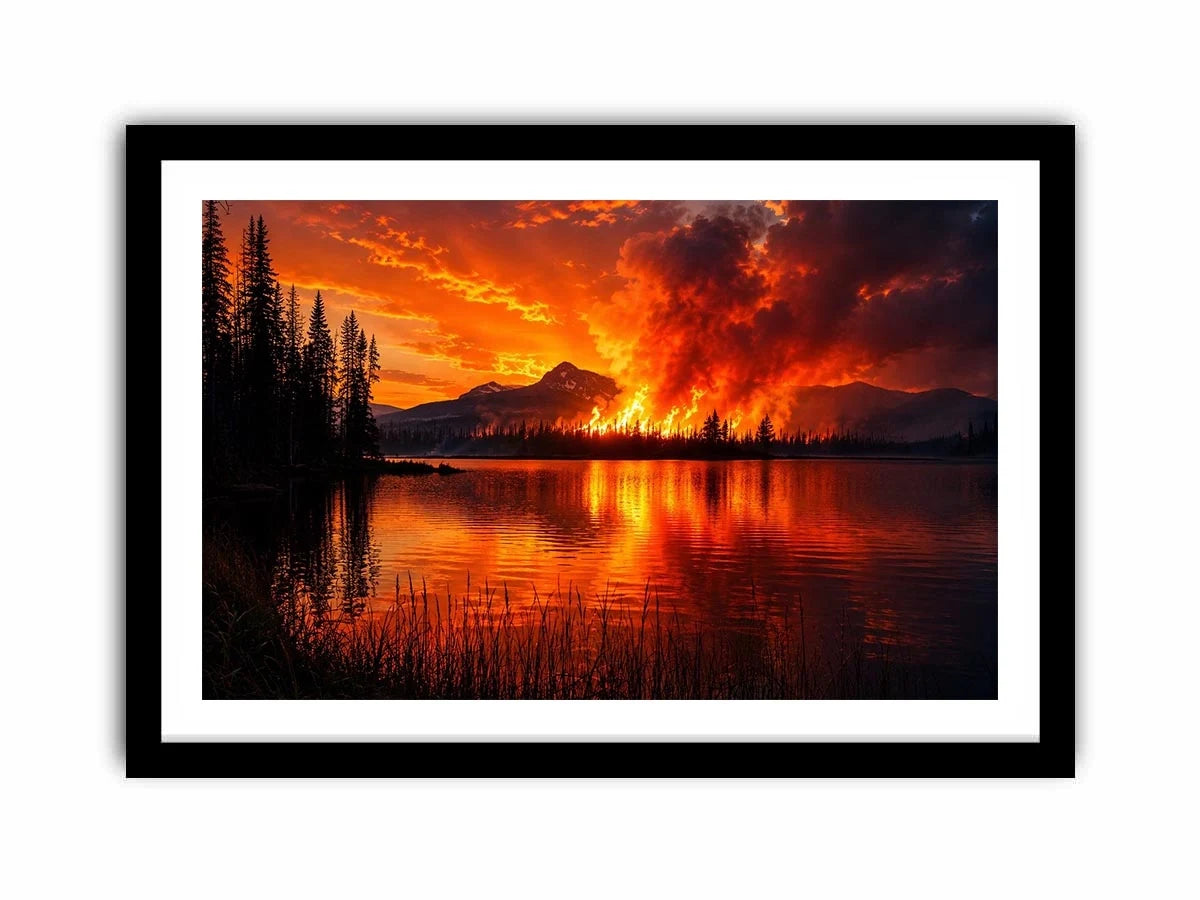 Wildfire landscape wall art with blazing forest fire reflecting across a calm lake at night.