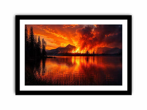 Wildfire landscape wall art with blazing forest fire reflecting across a calm lake at night.