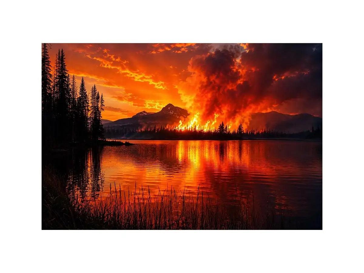 Wildfire landscape wall art with blazing forest fire reflecting across a calm lake at night.