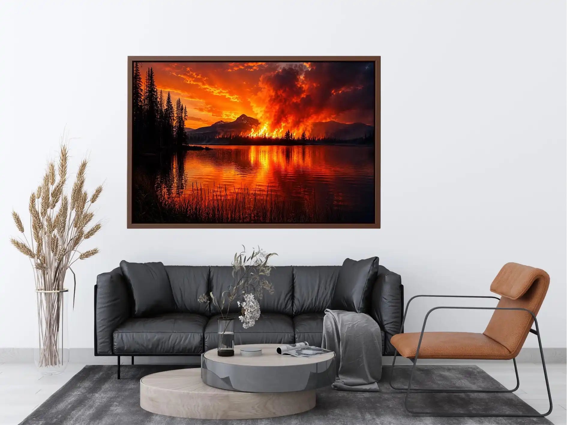 Wildfire landscape wall art with blazing forest fire reflecting across a calm lake at night.