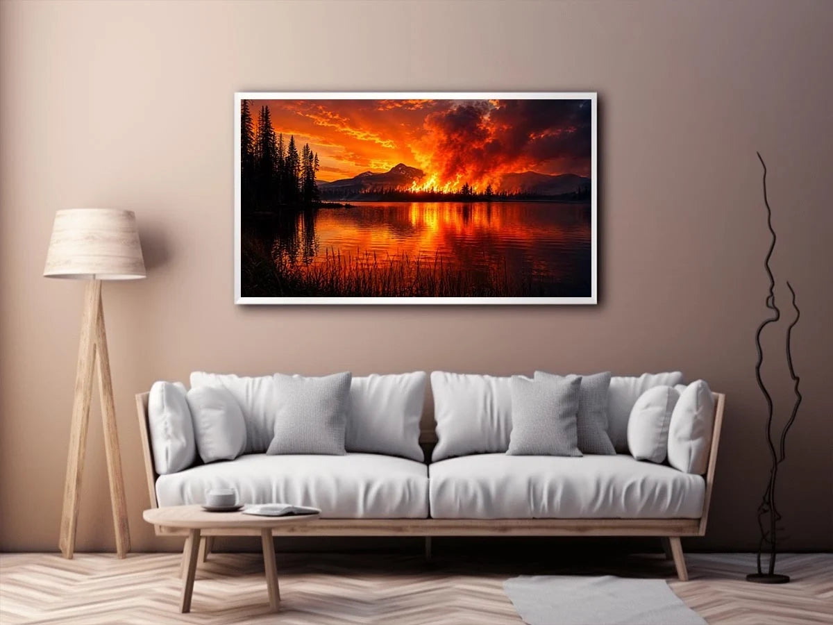 Wildfire landscape wall art with blazing forest fire reflecting across a calm lake at night.
