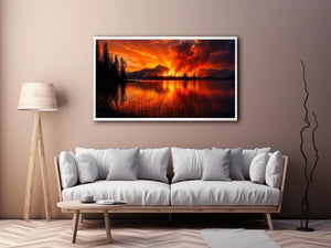 Wildfire landscape wall art with blazing forest fire reflecting across a calm lake at night.