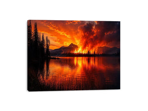 Wildfire landscape wall art with blazing forest fire reflecting across a calm lake at night.