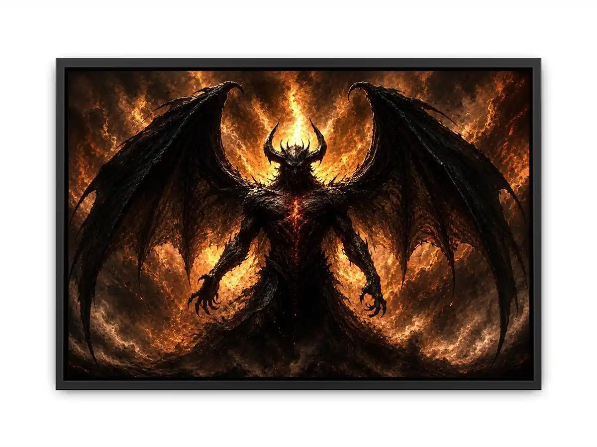 Dark abstract demon wall art with shadowy wings and glowing red gothic textures.