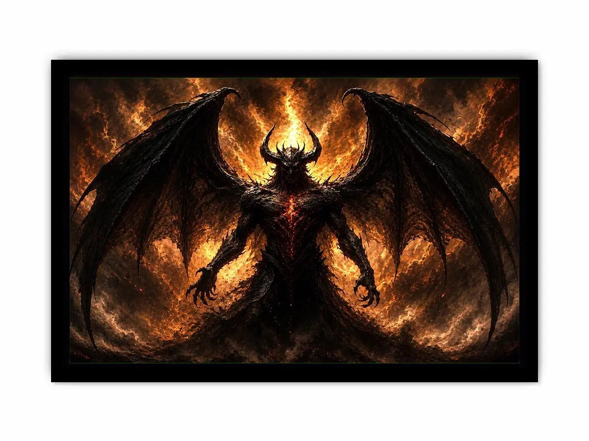 Dark abstract demon wall art with shadowy wings and glowing red gothic textures.
