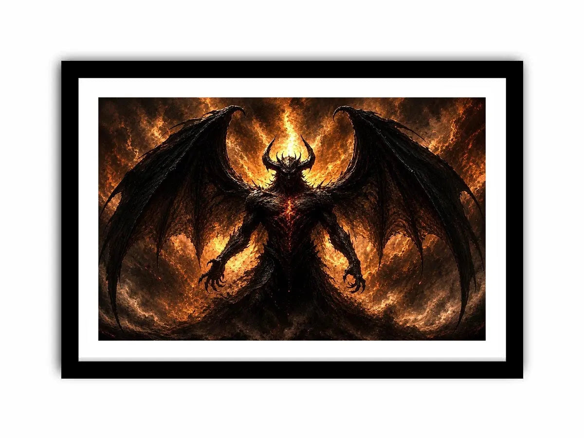 Dark abstract demon wall art with shadowy wings and glowing red gothic textures.