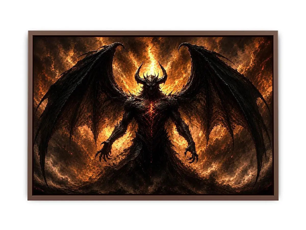 Dark abstract demon wall art with shadowy wings and glowing red gothic textures.