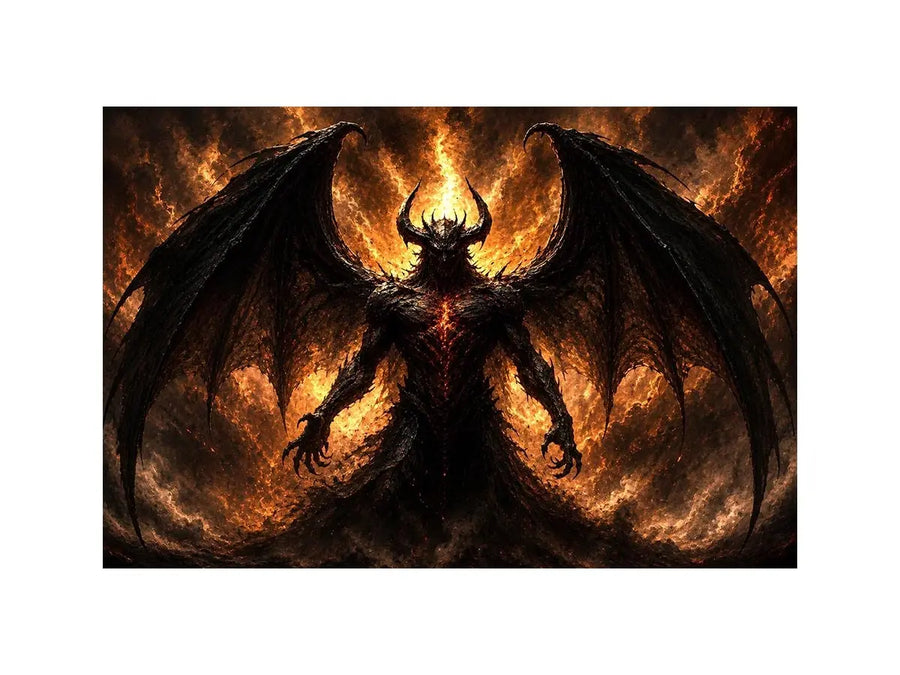 Dark abstract demon wall art with shadowy wings and glowing red gothic textures.
