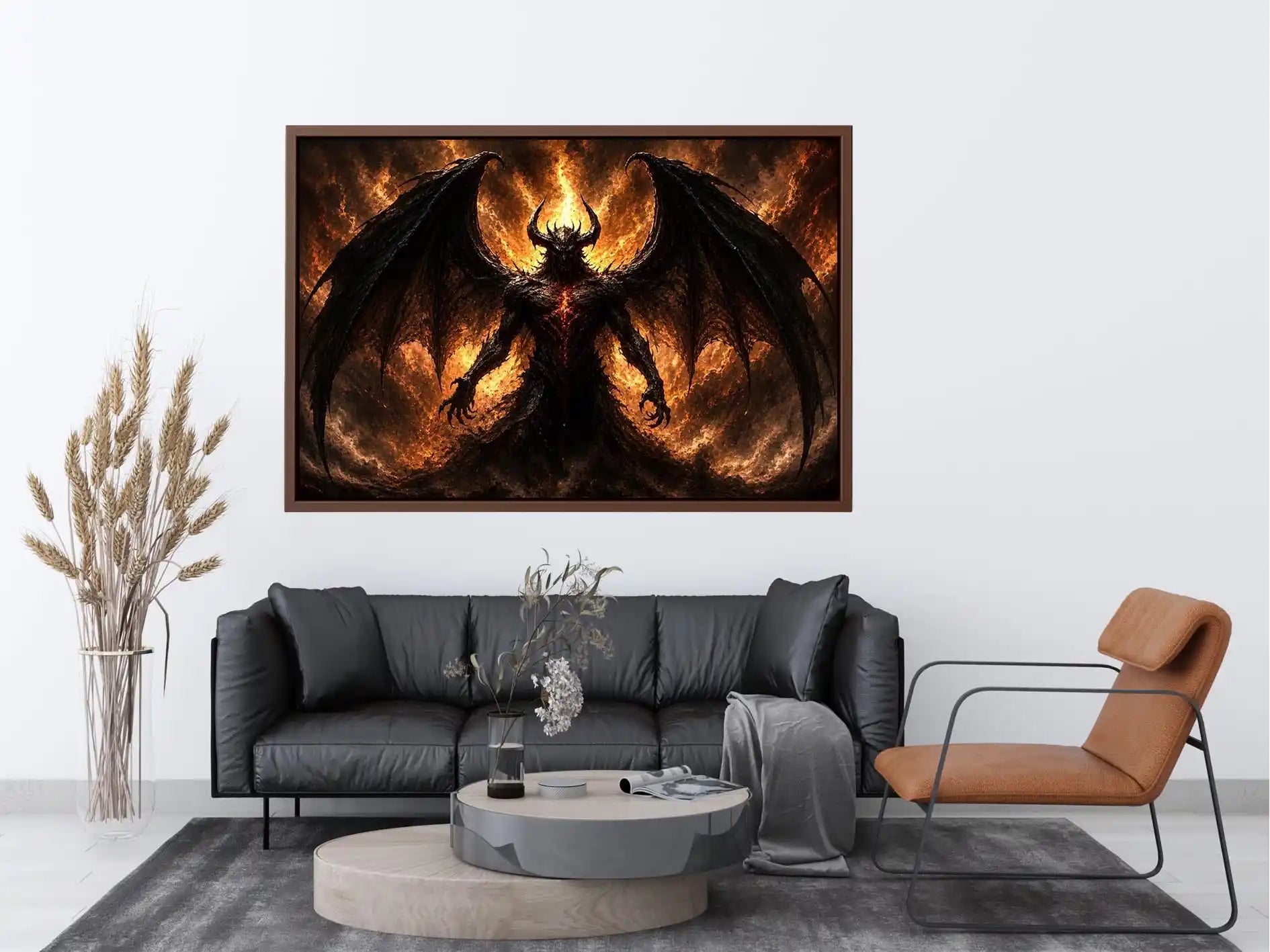 Dark abstract demon wall art with shadowy wings and glowing red gothic textures.