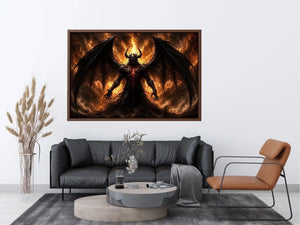 Dark abstract demon wall art with shadowy wings and glowing red gothic textures.